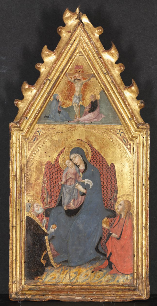 Virgem e Criança Adorada pelos Santos Maria Madalena e Nicolas de Bari, Cristo Crucificado ..., 1400s. de Sano di Pietro