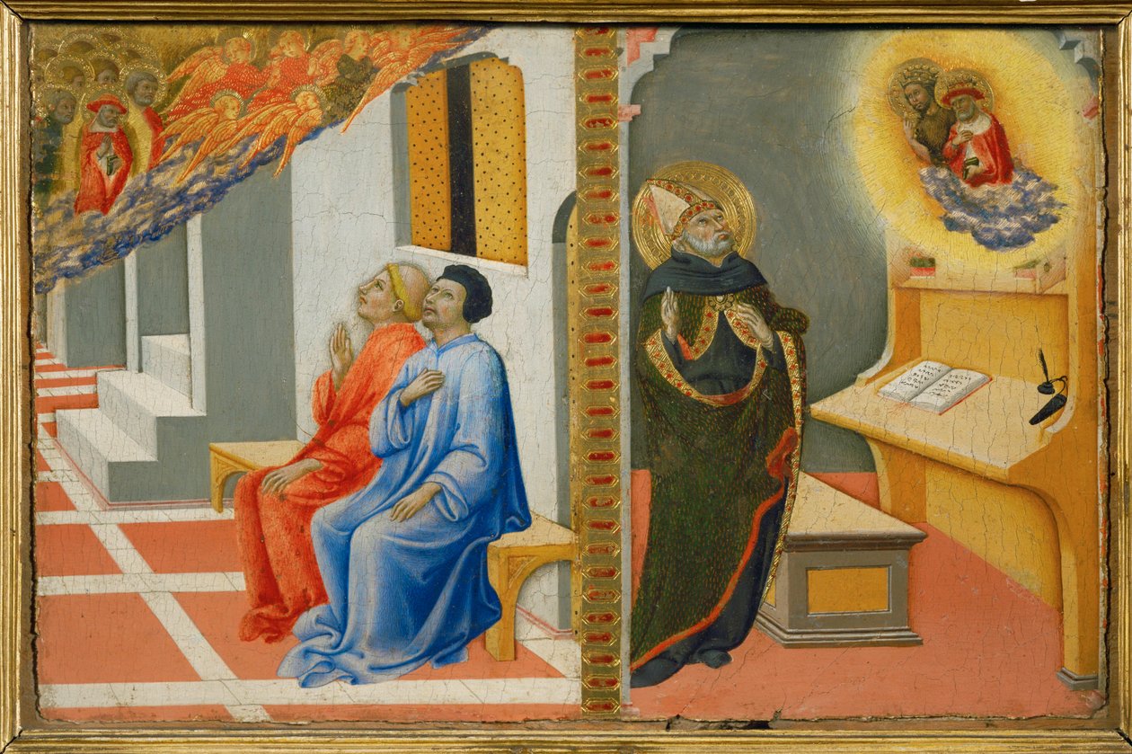Depois da sua morte, São Jerónimo aparece a Sulpício Severo, depois a Santo Agostinho, juntamente com São João Batista ... de Sano di also Ansano di Pietro di Mencio Pietro