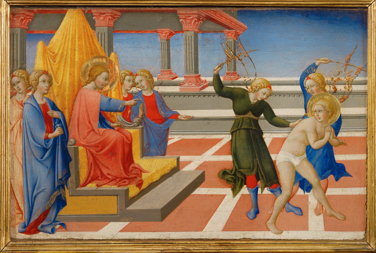 São Jerónimo sonha que Cristo ordena a sua flagelação por dois anjos ... de Sano di also Ansano di Pietro di Mencio Pietro