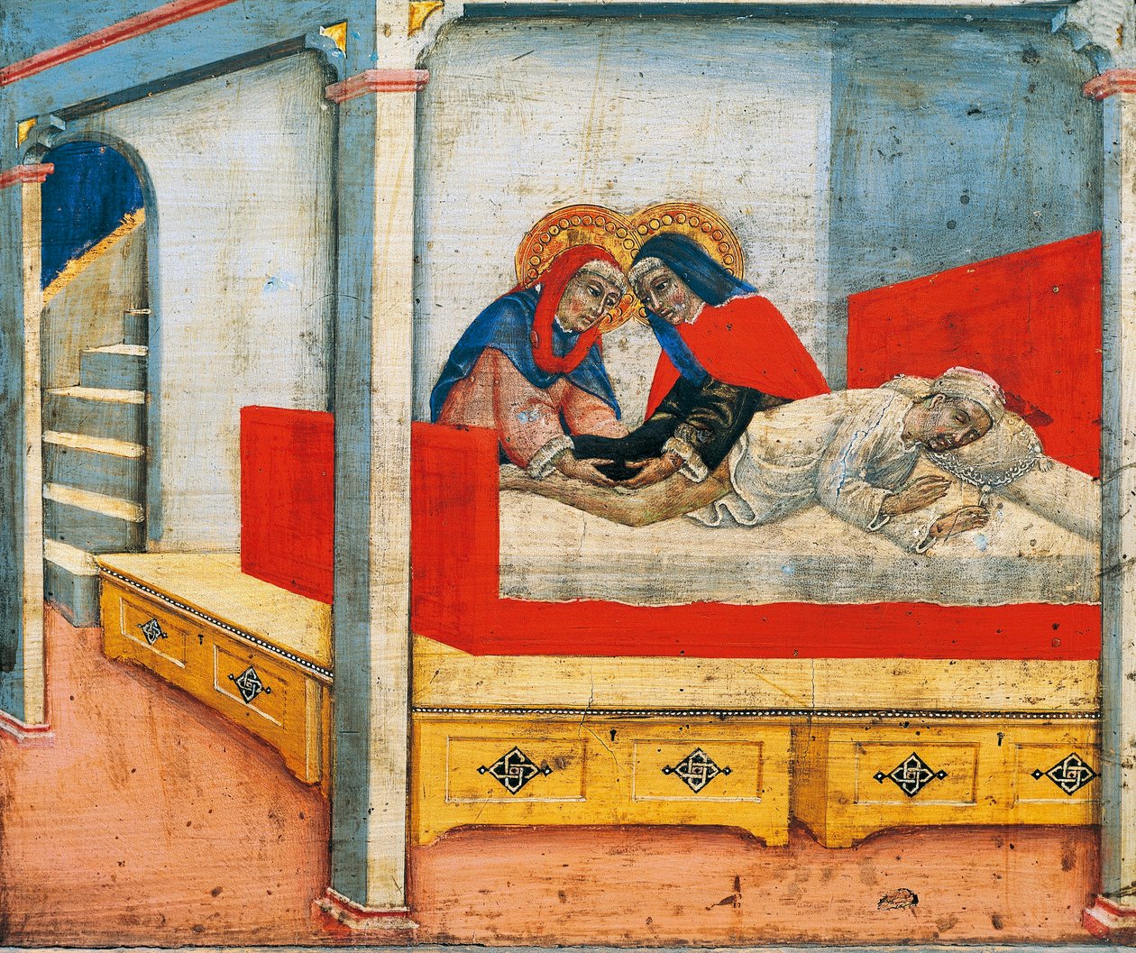 Santos Cosmas e Damião prendem a perna do etíope ao sacristão (milagre da perna do etíope), cena da predela de Madonna e Criança com anjos e santos, de Sano di Pietro (1405-1481), painel de Sano di also Ansano di Pietro di Mencio Pietro
