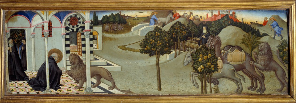 Cena da vida de São Jerônimo: "São Jerônimo tira a espinha da pata do leão; o leão persegue os ladrões que tinham derobado o burro do convento e trouxeram consigo uma caravana de camelos carregados de mercadorias" Pintura em madeira de Sano di Pietro (1 de Sano di also Ansano di Pietro di Mencio Pietro