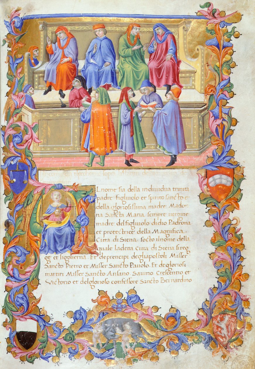 O Tribunale della Mercanzia (Tribunal da Mercadoria), miniatura dos Estatutos dos Comerciantes nº 6 de Sano di Pietro. de Sano di also Ansano di Pietro di Mencio Pietro