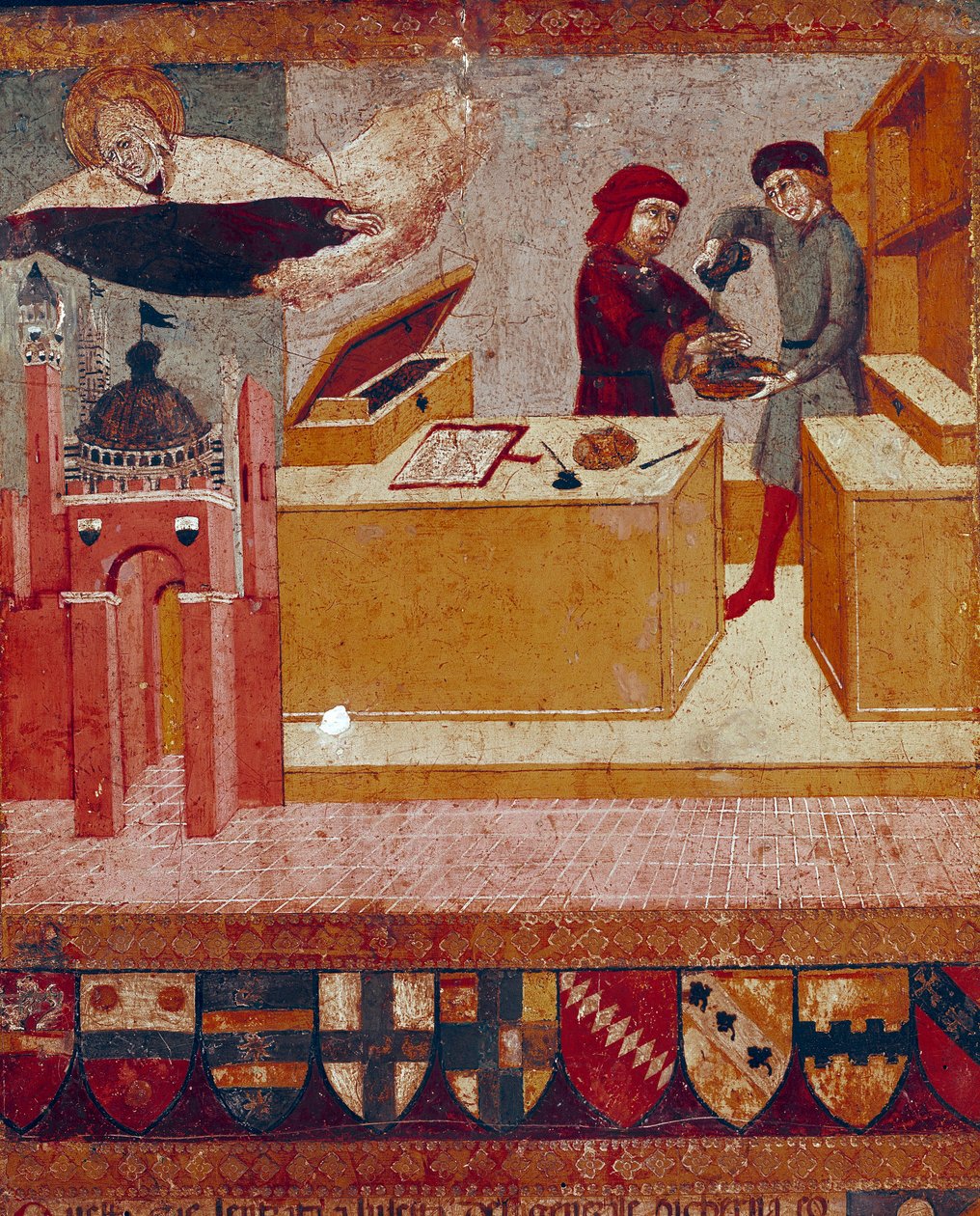 O camerlinguista lava simbolicamente as mãos enquanto a Virgem benevolente e protectora voa sobre a cidade de Siena Detail. Pintura em madeira de Sano di Pietro (1406-1481) decorando um Biccherna (capa do registro contábil da cidade de Siena) 1451. de Sano di also Ansano di Pietro di Mencio Pietro
