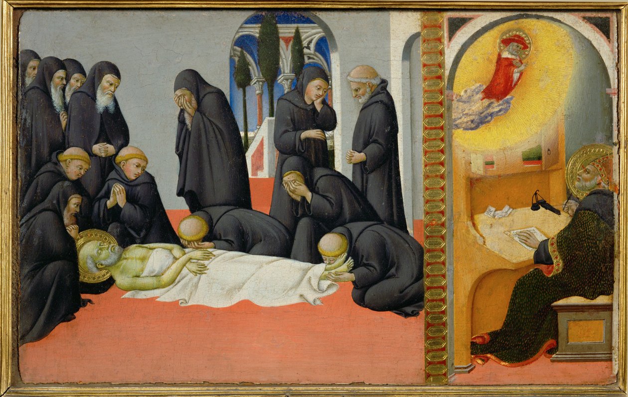 A morte de São Jerónimo entre os seus discípulos: aparece a São Cirilo, bispo de Jerusalém ... de Sano di also Ansano di Pietro di Mencio Pietro