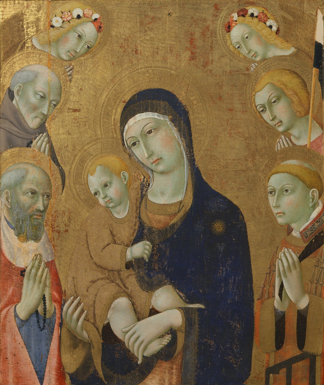 Virgem e Menino, anjos e santos (pintura sobre madeira) de Sano di also Ansano di Pietro di Mencio Pietro