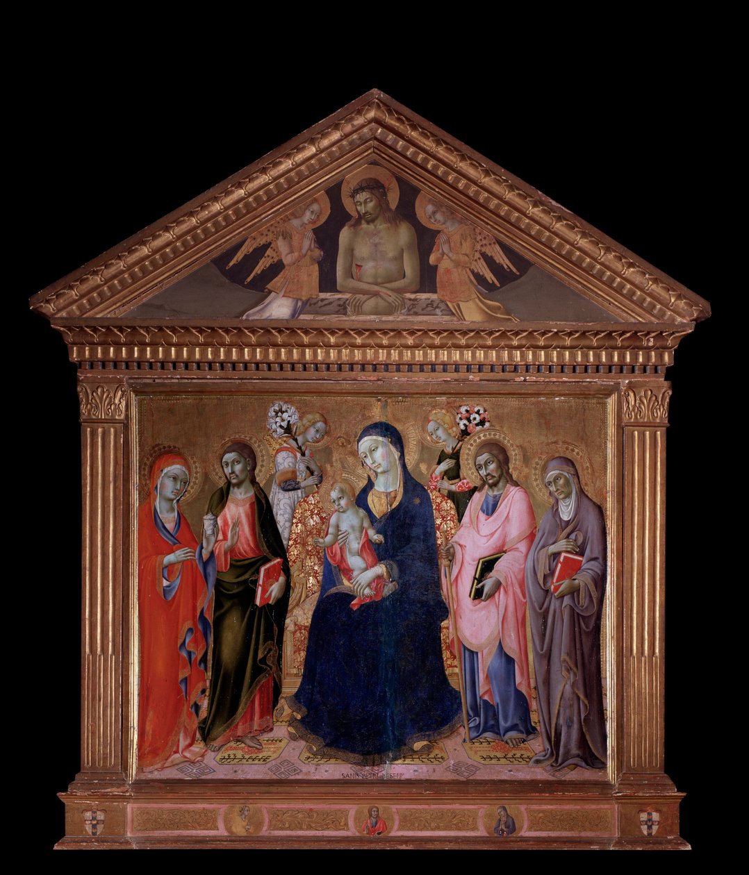 Virgem e Criança com os Santos Tiago, Filipe, Ana e Maria Madalena - óleo sobre madeira de Sano di also Ansano di Pietro di Mencio Pietro