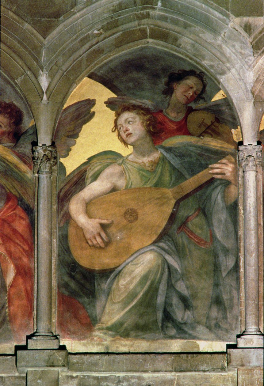 Anjo musical dentro de um claustro de trompe loeil, detalhe de um anjo tocando um bandolim, a partir do detalhe fachada oeste interior fresco de 100329 de Santi di Tito