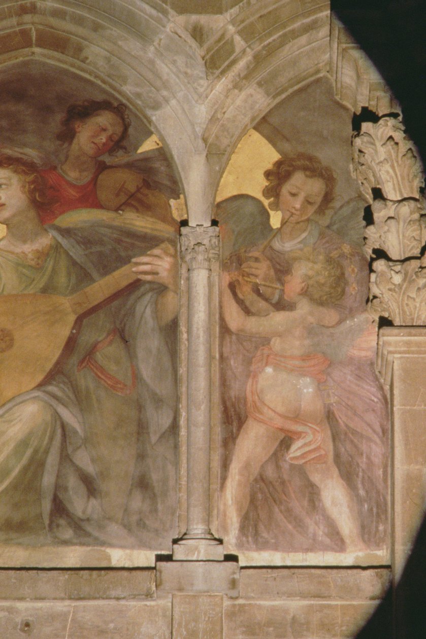 Anjos musicais com um claustro de trompe loeil, detalhe de querubim tocando uma flauta, do detalhe fachada oeste interior fresco de 100329 de Santi di Tito