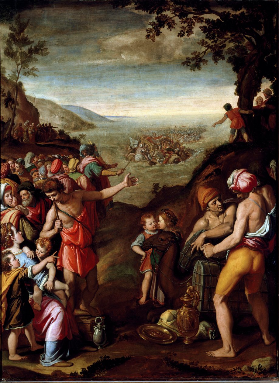 A Passagem do Mar Vermelho O povo hebreu, fugindo do Egito, atravessa o Mar Vermelho, guiado por Moisés. Pintura de Santi di Tito (1536-1603) Florença, Gabinete de François I, Palazzo Vecchio de Santi di Tito