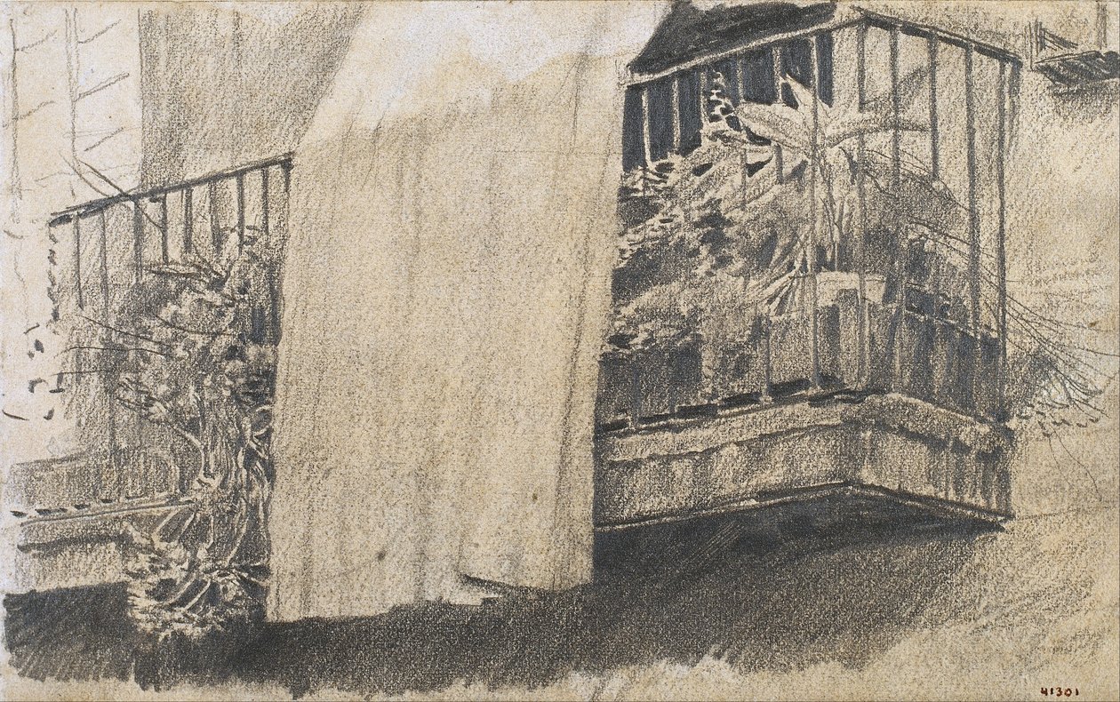 Varanda com flores e cortina de Santiago Rusiñol