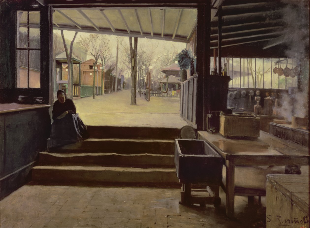 A Cozinha ou o Laboratório do Moulin de la Galette, Paris (óleo sobre tela) de Santiago Rusinol i Prats