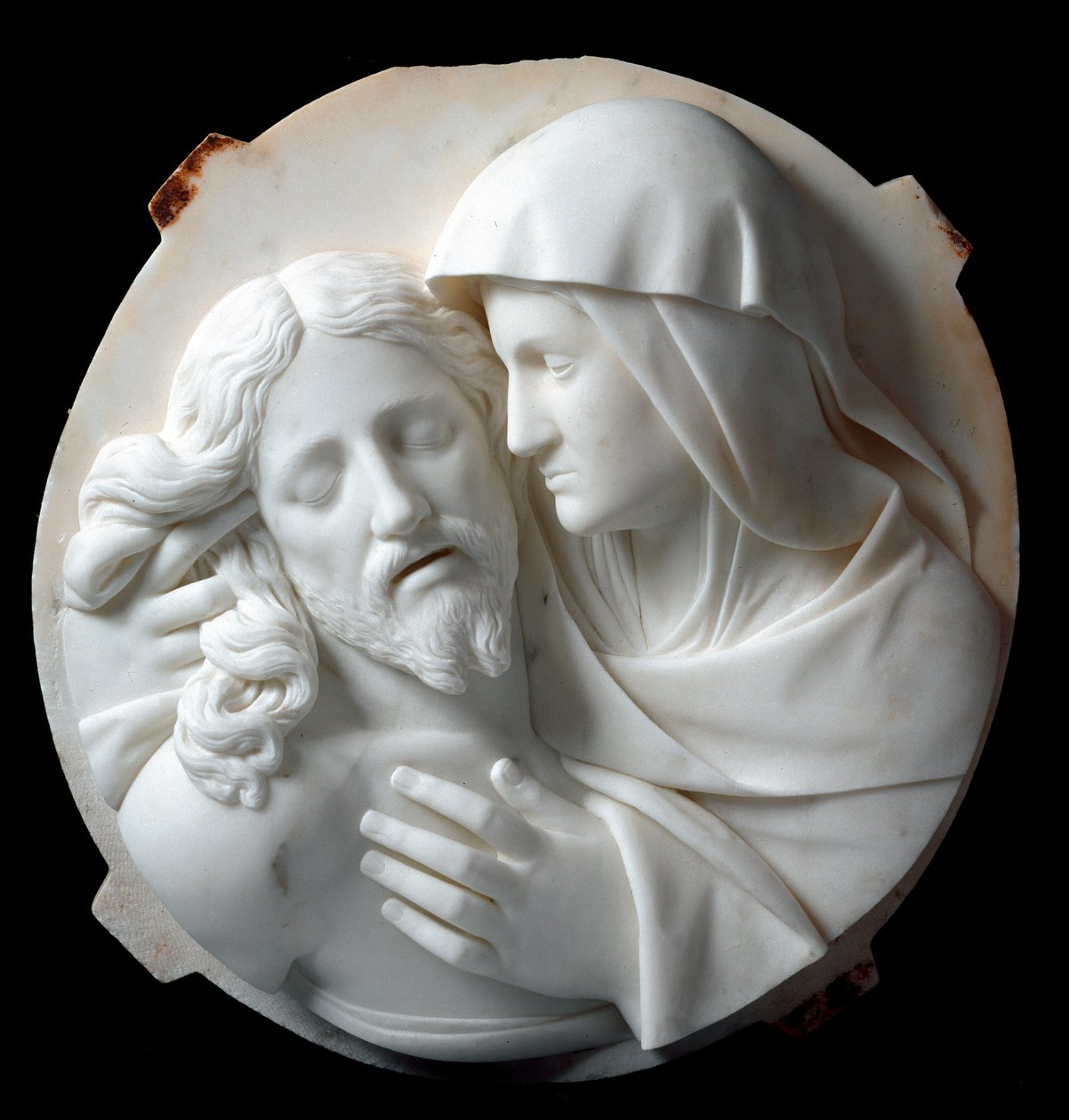 Escultura em mármore Pieta de Santo Varni (1807-1885) 1863-1870. Dim. 56x52x12 cm Da coleção do Príncipe Odon di savoia. Genes, Galleria d