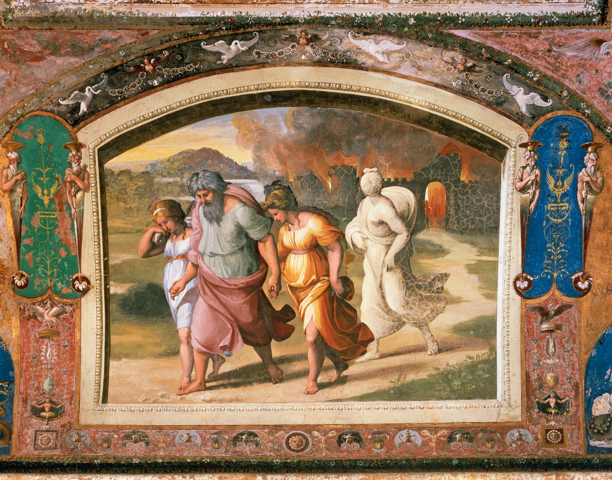 O voo de Lote de Sodoma de Sanzio of Urbino (workshop) Raphael