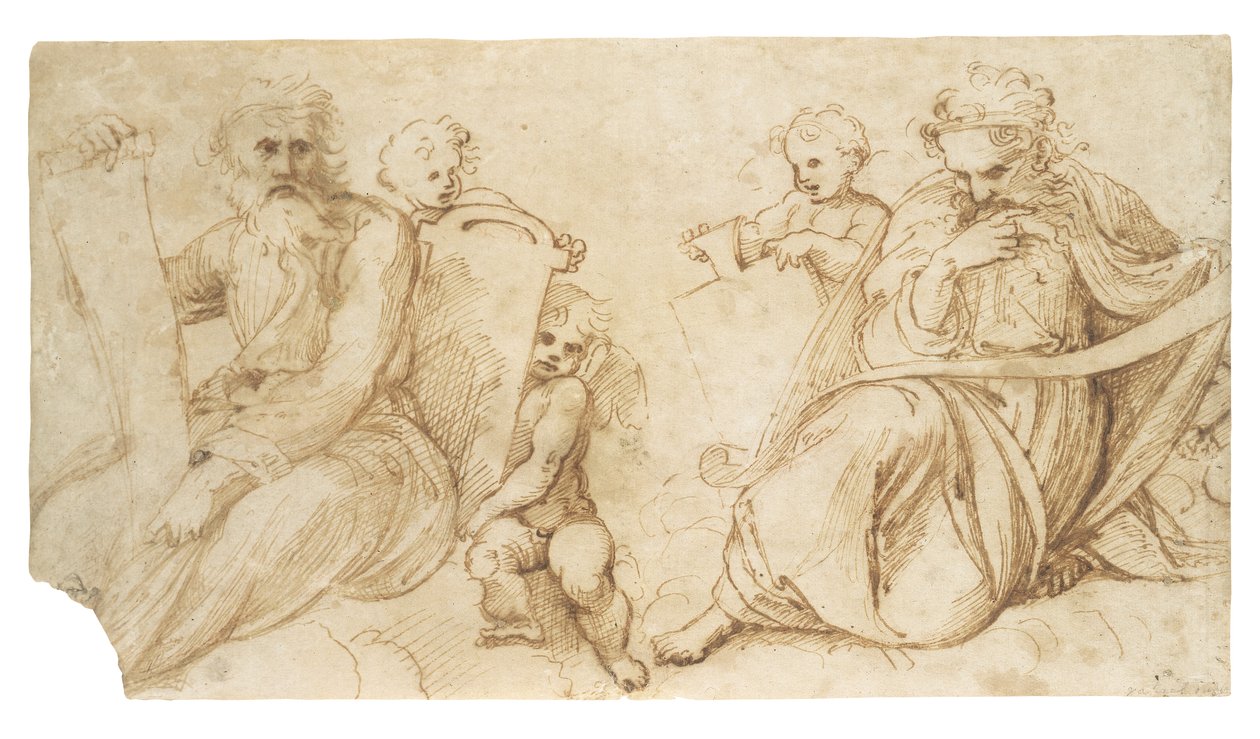 Dois profetas com pergaminhos sentados com putti segurando tabuletas de Sanzio of Urbino Raphael