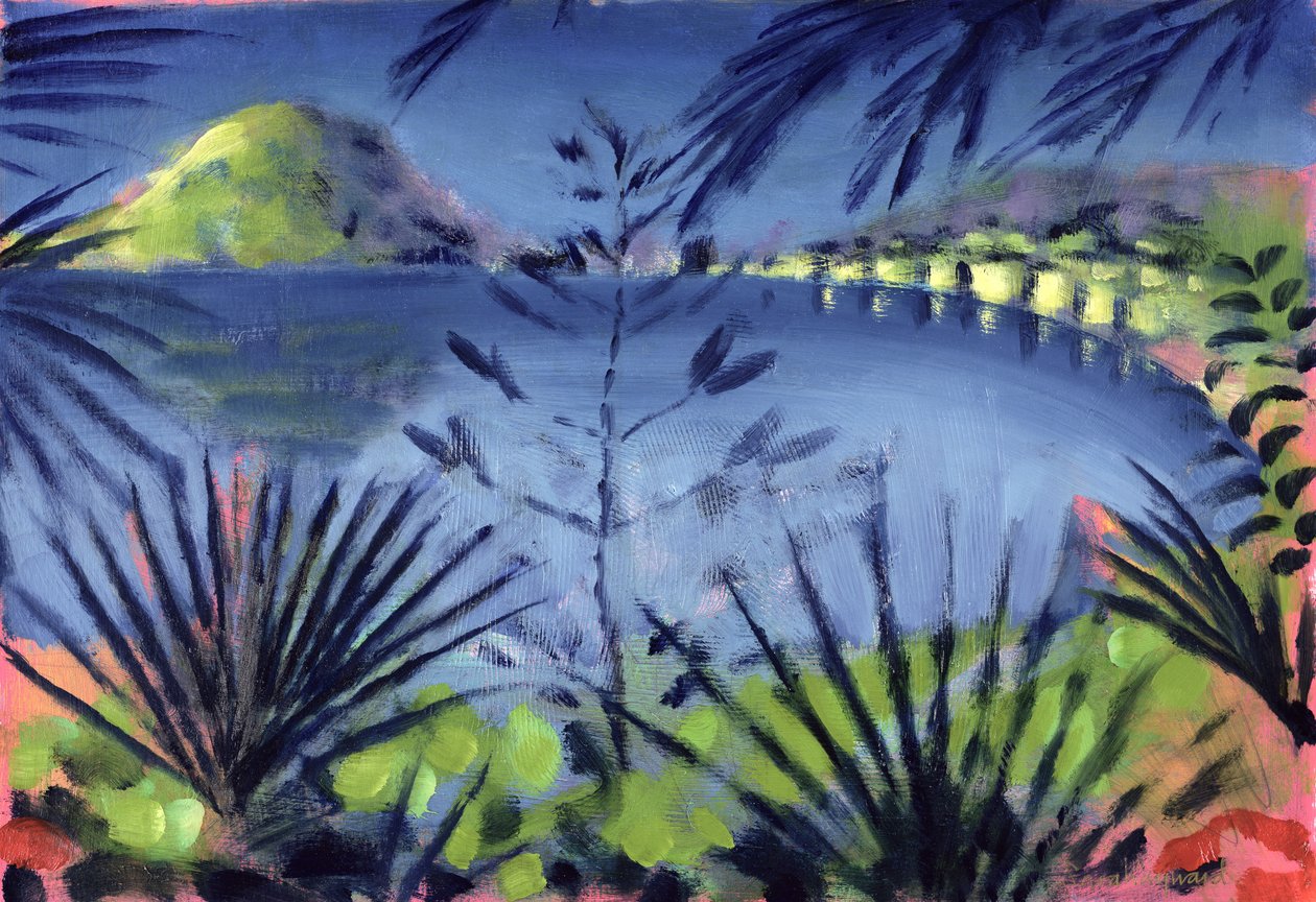 Do outro lado do lago (óleo no cartão) de Sara Hayward
