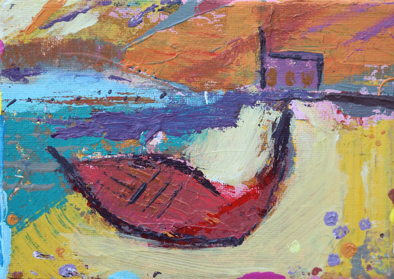 Barco vermelho Iona (acrílico sobre tela) de Sara Hayward