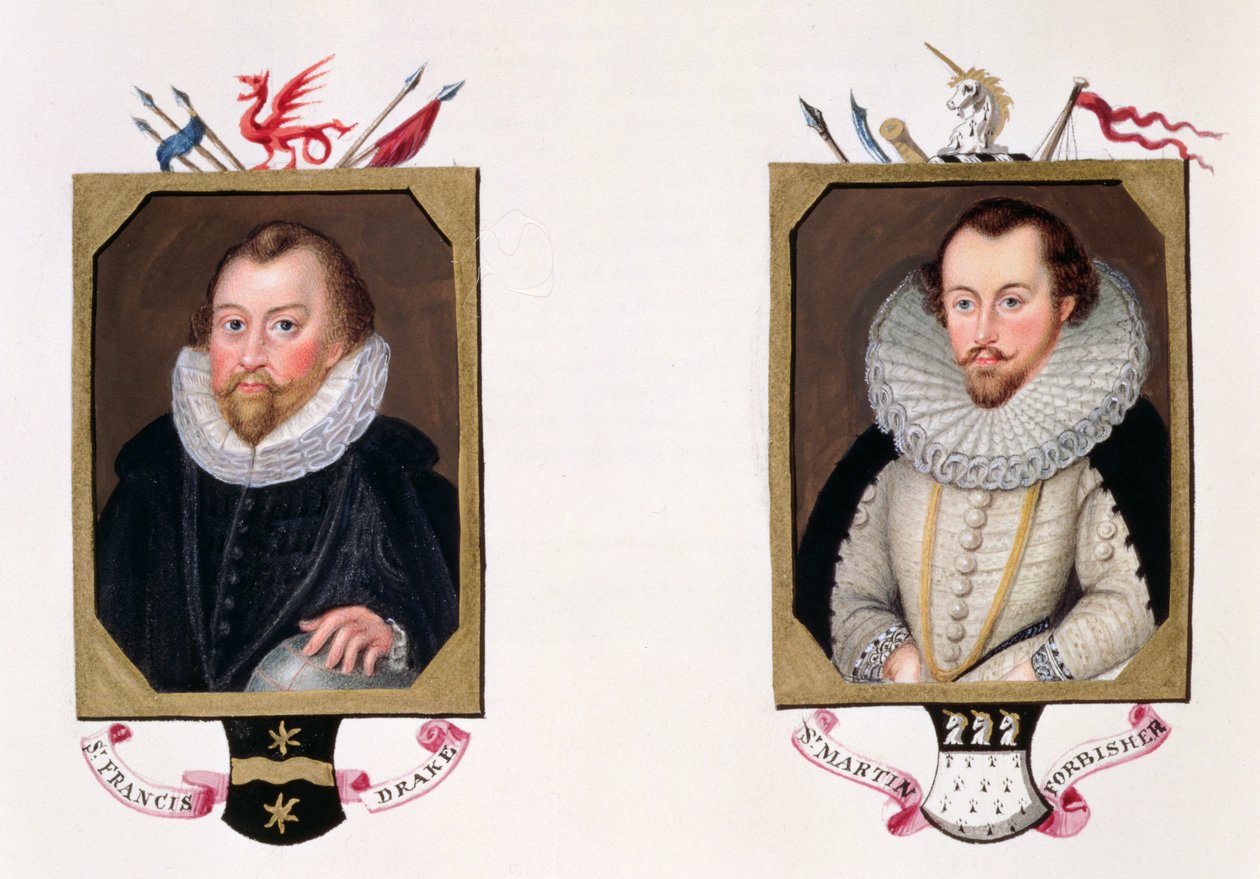 Retrato duplo de Sir Francis Drake (c.1540-96) e Sir Martin Frobisher (c.1535-94) de &39;Memórias do Tribunal da Rainha Elizabeth, publicado em 1825 (wc e guache sobre papel) de Sarah Countess of Essex