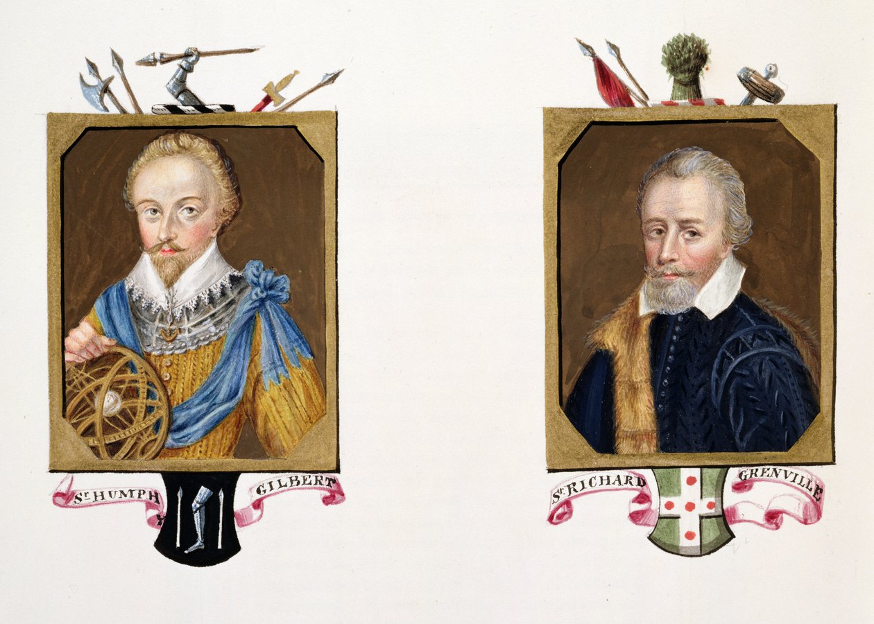 Duplo retrato de Sir Humphrey Gilbert (c.1539-83) e Sir Richard Grenville (c.1541-91) de &39;Memórias do Tribunal da Rainha Elizabeth&39;, publicado em 1825 (wc e guache sobre papel) de Sarah Countess of Essex