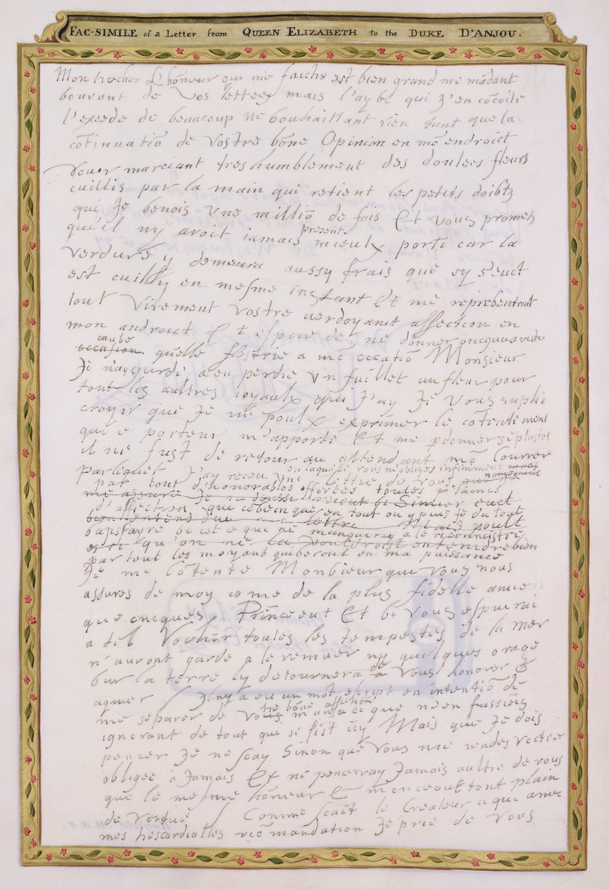 Fac-símile de uma carta de Elizabeth I para François de Valois, Duc d&39;Anjou e d&39;Alencon de &39;Memórias do Tribunal da Rainha Elizabeth&39;, publicado em 1825 (caneta e tinta no papel) (ver 146740) de Sarah Countess of Essex