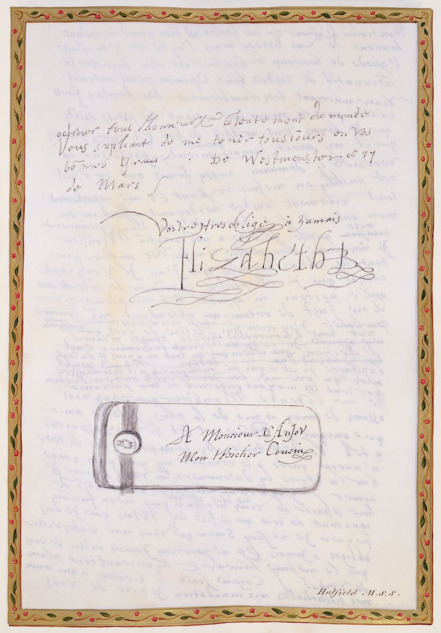 Fac-símile de uma carta escrita por Elizabeth I a François de Valois, Duc d&39;Anjou e Alencon de &39;Memórias do Tribunal da Rainha Elizabeth&39;, publicada em 1825 (caneta e tinta no papel) (ver 146741) de Sarah Countess of Essex