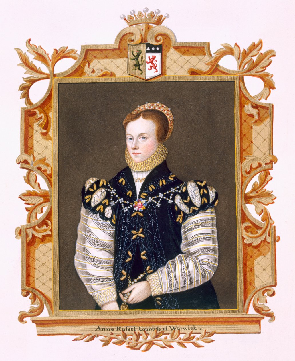 Retrato de Anne Russell (d.1604) Condessa de Warwick de &39;Memórias do Tribunal da Rainha Elizabeth&39;, depois de um retrato de c.1569 em Woburn Abbey, publicado em 1825 (wc e guache no papel) de Sarah Countess of Essex