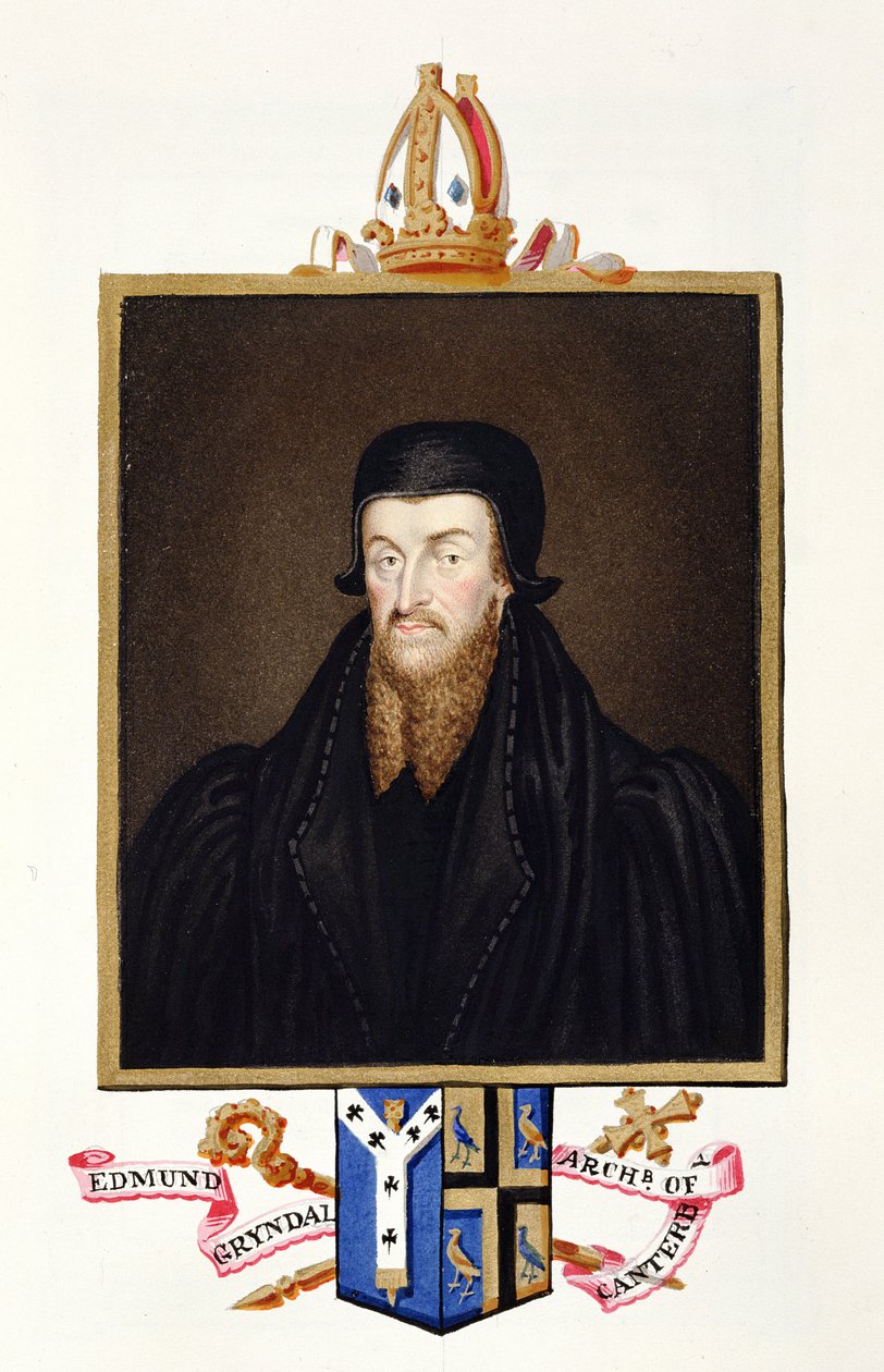 Retrato de Edmund Grindal (c.1519-83) Arcebispo de Canterbury de &39;Memórias do Tribunal da Rainha Elizabeth&39;, publicado em 1825 (wc e guache sobre papel) de Sarah Countess of Essex