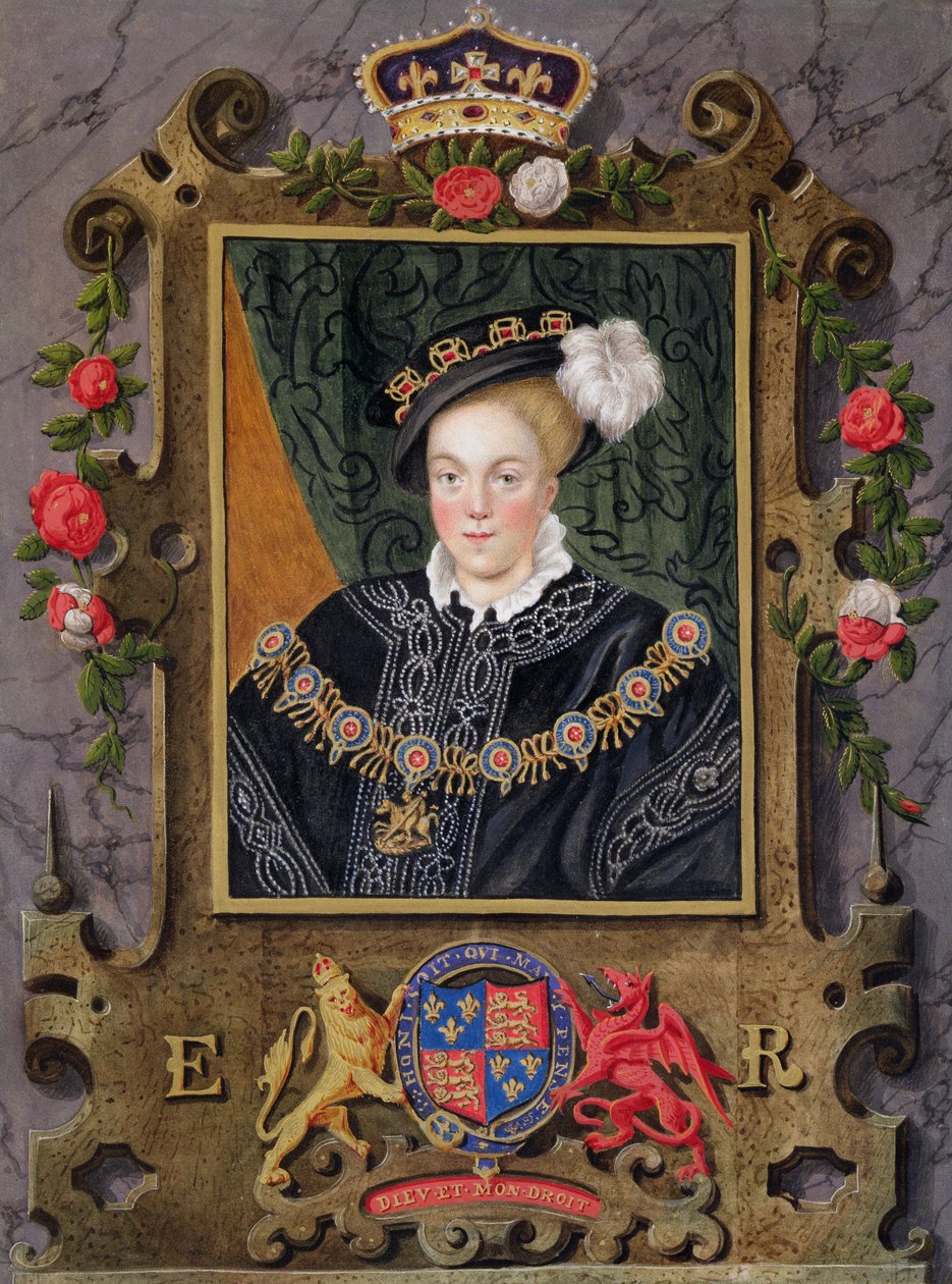 Retrato de Eduardo VI (1537-53) Rei da Inglaterra, com cerca de 14 anos de "Memórias da Corte da Rainha Elizabeth" depois de uma miniatura na Coleção Real de Nicholas Hilliard (1537-1619), publicada em 1 de Sarah Countess of Essex