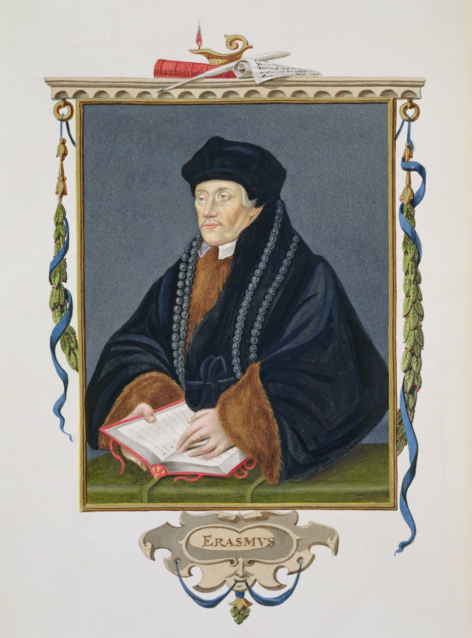 Retrato de Erasmo (c.1466-1536) de &39;Memórias do Tribunal da Rainha Elizabeth&39;, publicado em 1825 (wc e guache sobre papel) de Sarah Countess of Essex