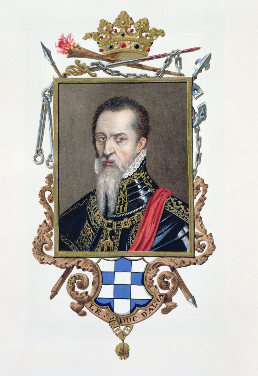 Retrato de Ferdinand Alvarez de Toledo Duque de Alva de &39;Memórias do Tribunal da Rainha Elizabeth&39;, publicado em 1825 (wc e guache sobre papel) de Sarah Countess of Essex
