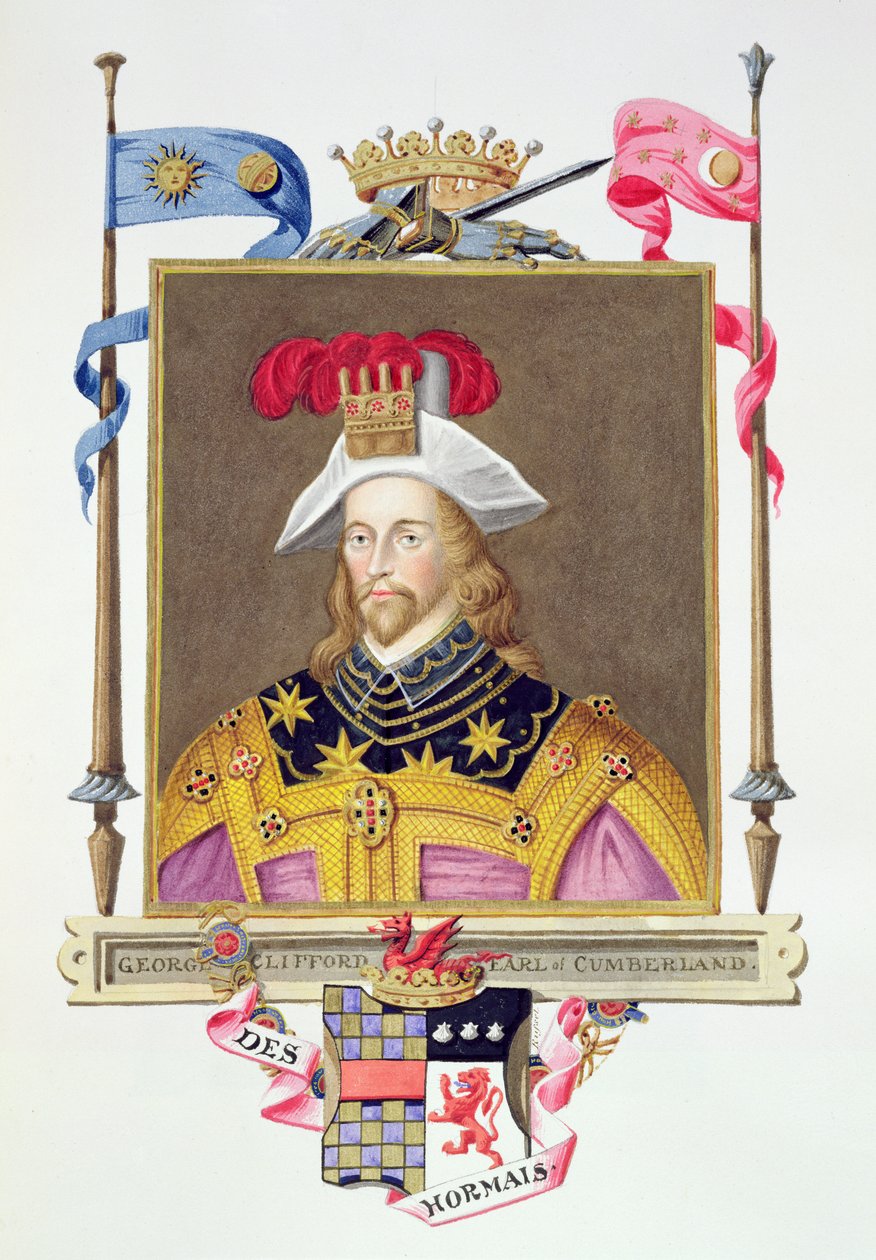 Retrato de George Clifford (1558-1605), 3º Conde de Cumberland, de &39;Memórias do Tribunal da Rainha Elizabeth&39;, após uma miniatura de Nicholas Hilliard (1547-1619), publicada em 1825 (wc e guache em de Sarah Countess of Essex