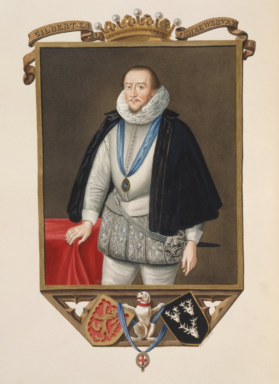 Retrato de Gilbert Talbot (1553-1616) 7o Conde de Shrewsbury de Memórias do Tribunal da Rainha Elizabeth depois de um retrato de Sir William Segar (d.1633), publicado em 1825 (wc e guache sobre papel) de Sarah Countess of Essex