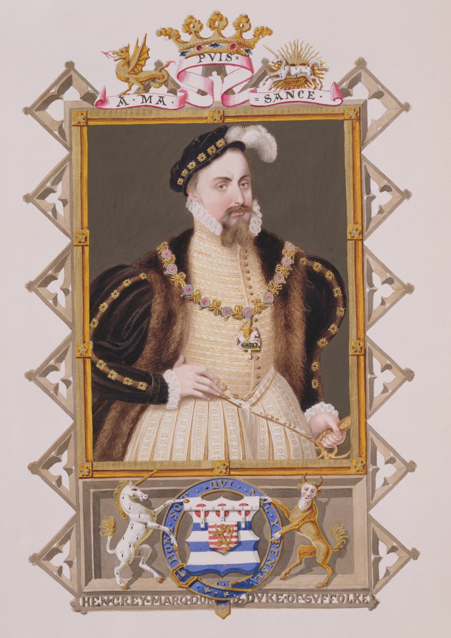 Retrato de Henry Gray (d.1554) Duque de Suffolk de Memórias do Tribunal da Rainha Elizabeth, publicado em 1825 (wc e guache sobre papel) de Sarah Countess of Essex