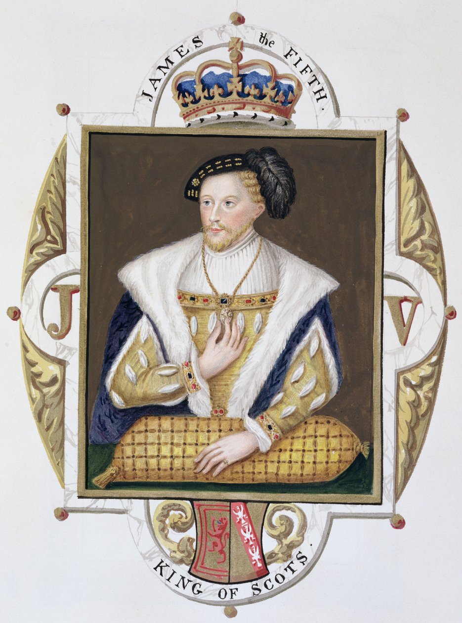 Retrato de James V (1512-42), Rei da Escócia, de &39;Memórias do Tribunal da Rainha Elizabeth&39;, publicado em 1825 (wc e guache sobre papel) de Sarah Countess of Essex