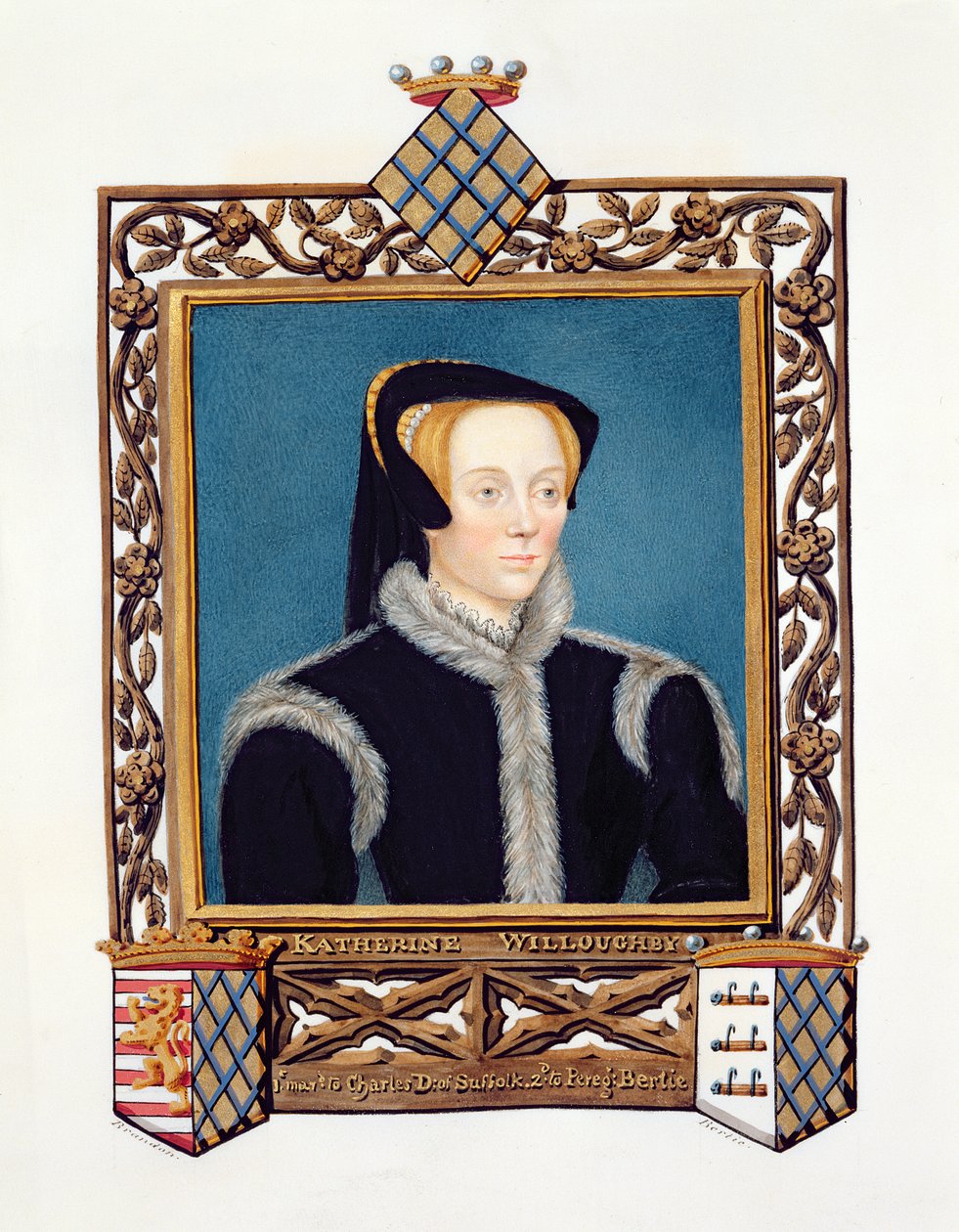 Retrato de Katherine Baronesa Willoughby d&39;Eresby de &39;Memórias do Tribunal da Rainha Elizabeth&39;, publicado em 1825 (wc e guache sobre papel) de Sarah Countess of Essex