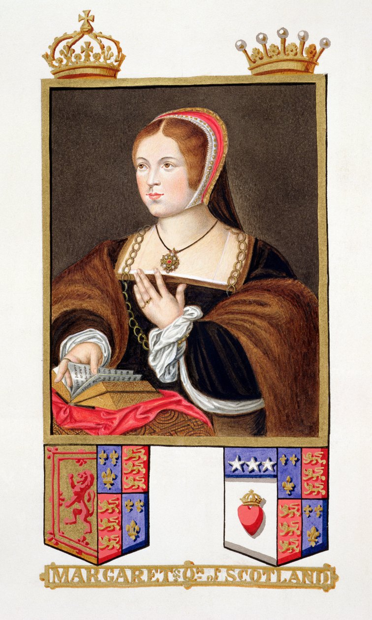 Retrato de Margaret Tudor (1489-1541) Rainha da Escócia de &39;Memórias do Tribunal da Rainha Elizabeth&39;, depois de um retrato de Daniel Mytens (c.1590-1642), publicado em 1825 (wc e guache sobre papel) de Sarah Countess of Essex