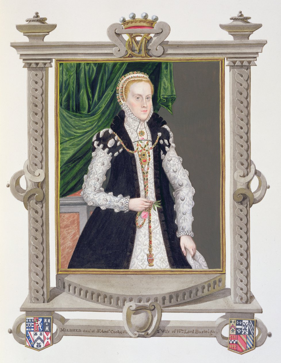 Retrato de Mildred Cooke, Lady Burghley de &39;Memórias do Tribunal da Rainha Elizabeth&39;, publicado em 1825 (wc e guache sobre papel) de Sarah Countess of Essex