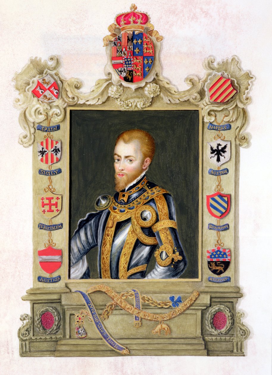 Retrato de Filipe II, rei da Espanha (1527-1598), de &39;Memórias da Corte da Rainha Elizabeth&39;, depois de um retrato de Ticiano (c.1488-1576), publicado em 1825 (wc e guache sobre papel) de Sarah Countess of Essex