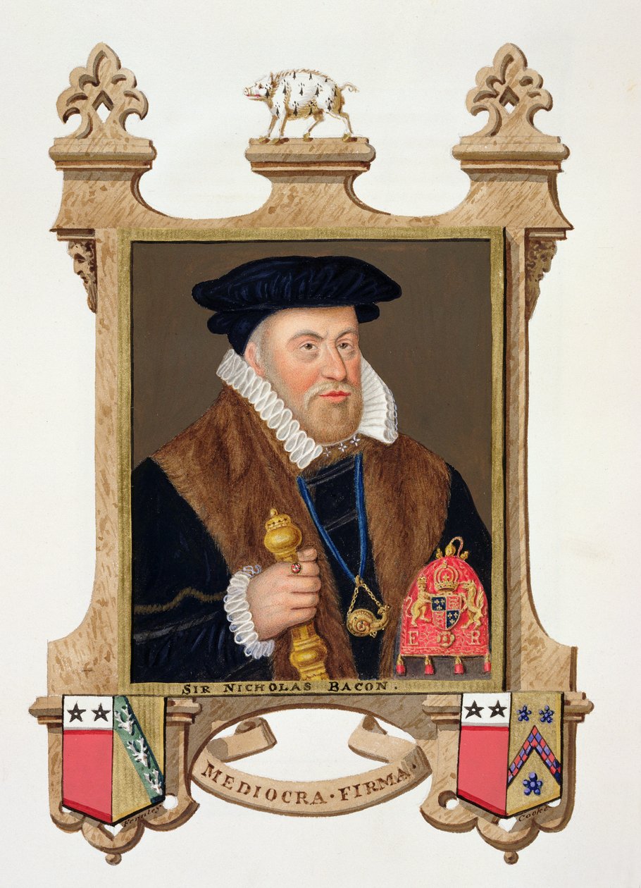 Retrato de Sir Nicholas Bacon (1509-79) de &39;Memórias do Tribunal da Rainha Elizabeth&39;, publicado em 1825 (wc e guache sobre papel) de Sarah Countess of Essex