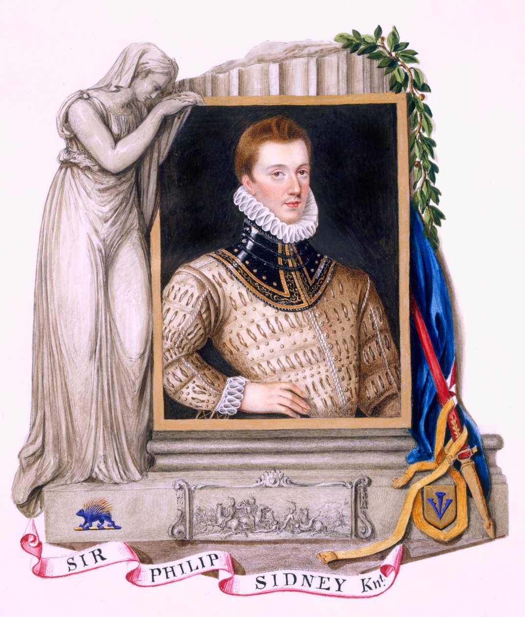 Retrato de Sir Philip Sidney (1554-1586), de &39;Memórias do Tribunal da Rainha Elizabeth&39;, publicado em 1825 (wc e guache sobre papel) de Sarah Countess of Essex