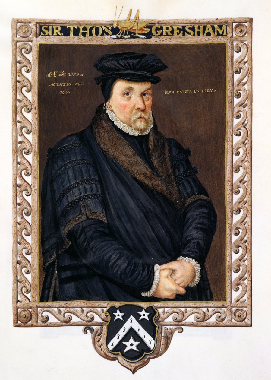 Retrato de Sir Thomas Gresham (c.1519-79) de &39;Memórias do Tribunal da Rainha Elizabeth&39; depois do retrato de Antonio Mor, publicado em 1825 (wc e guache sobre papel) de Sarah Countess of Essex