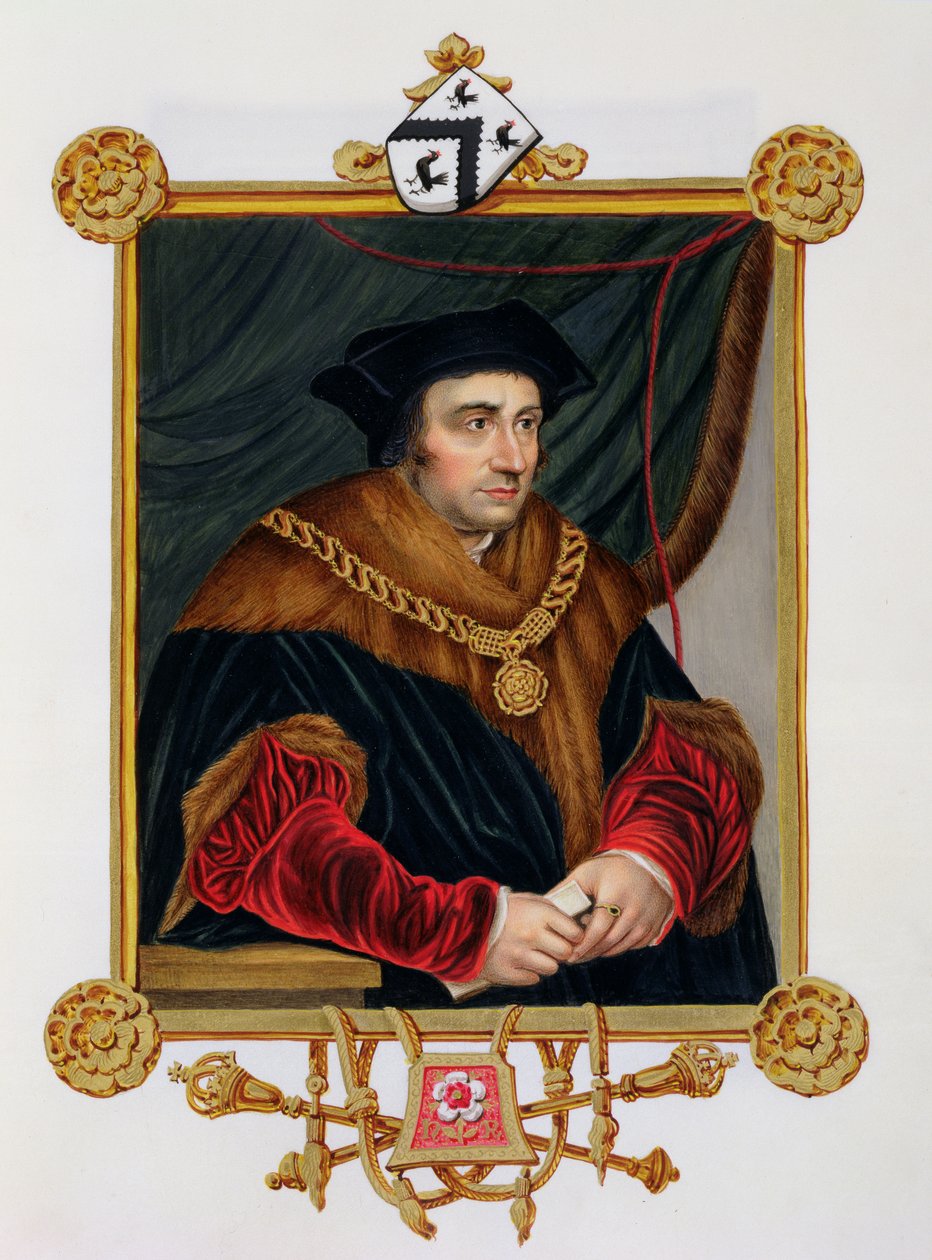 Retrato de Sir Thomas More (1478-1535) de &39;Memórias do Tribunal da Rainha Elizabeth&39;, depois de um retrato de Hans Holbein the Younger (1498-1543), publicado em 1825 (wc e guache sobre papel) de Sarah Countess of Essex