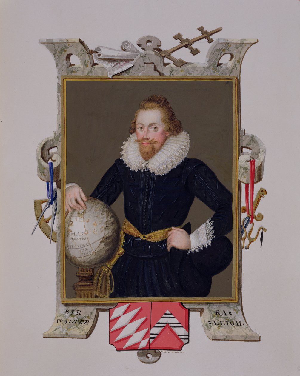 Retrato de Sir Walter Raleigh (c.1552-1618) de &39;Memórias do Tribunal da Rainha Elizabeth&39;, publicado em 1825 (wc e guache sobre papel) de Sarah Countess of Essex