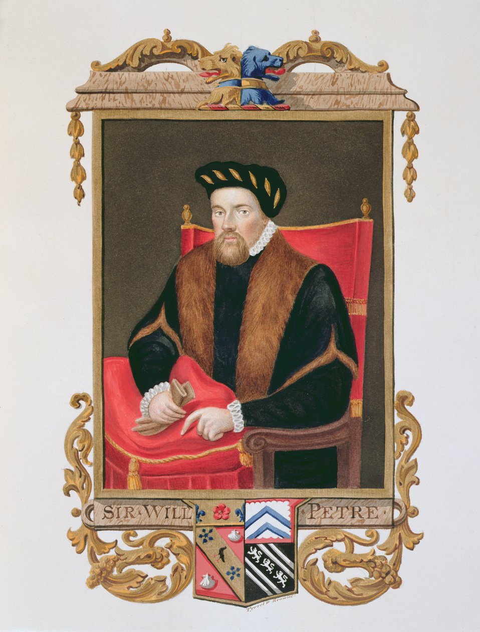 Retrato de Sir William Petre (c.1505-72) de &39;Memórias do Tribunal da Rainha Elizabeth&39;, depois do retrato de Steven de Meulen (fl.1543-63), publicado em 1825 (wc e guache sobre papel) de Sarah Countess of Essex