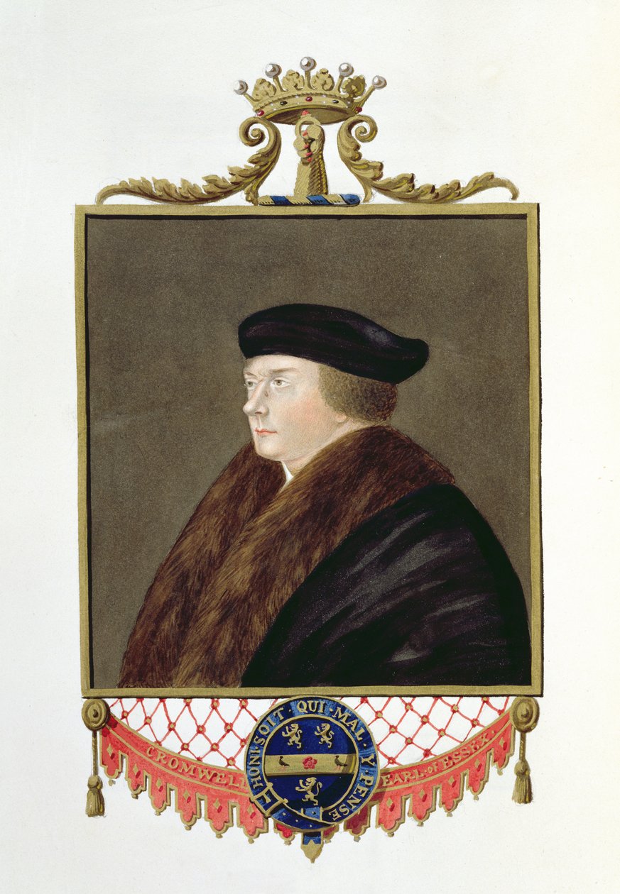 Retrato de Thomas Cromwell (c.1485-1540) Ist Earl de Essex de &39;Memórias do Tribunal da Rainha Elizabeth&39;, publicado em 1825 (wc e guache sobre papel) de Sarah Countess of Essex