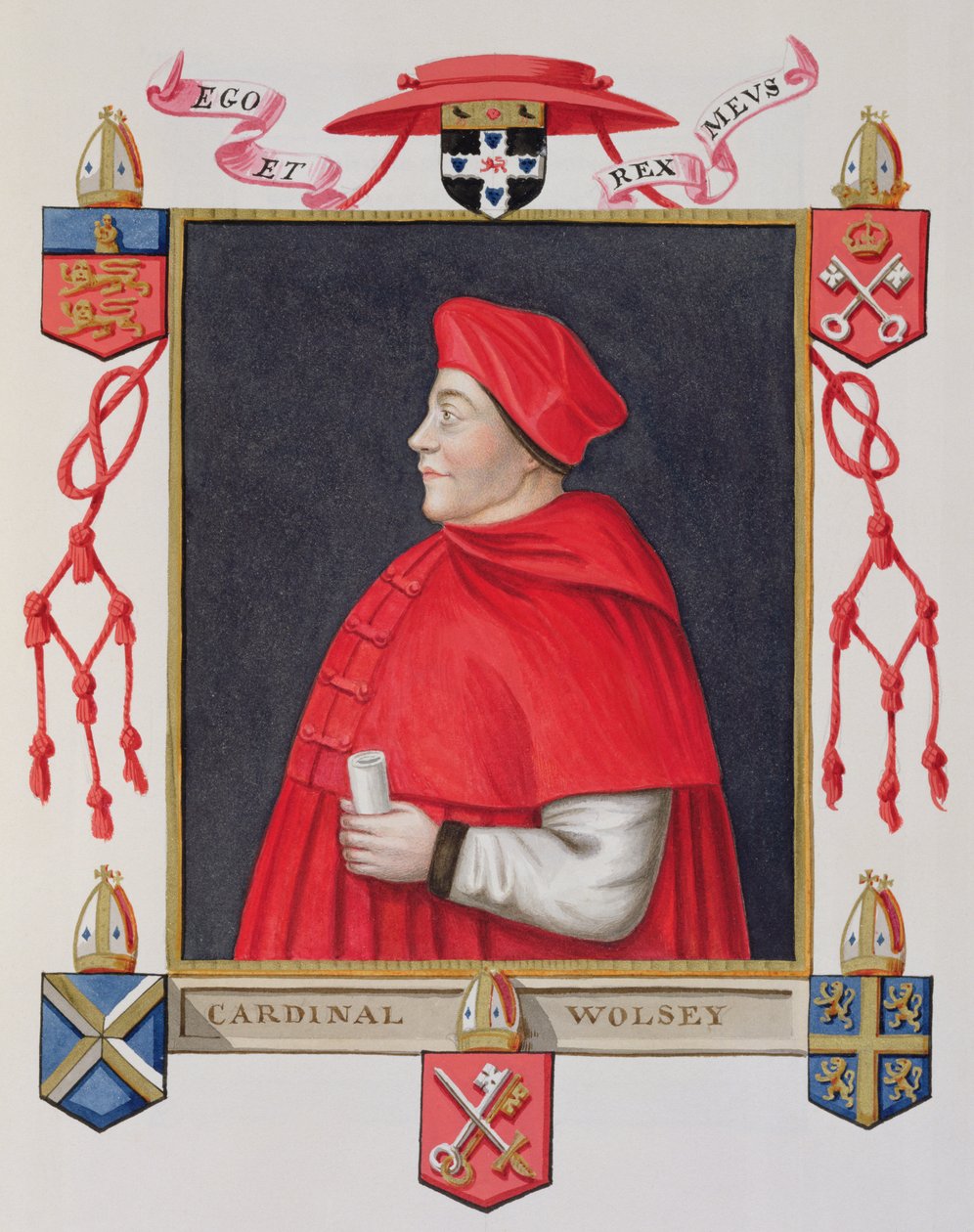 Retrato de Thomas Wolsey (c.1475-1530) Cardeal e estadista de &39;Memórias do Tribunal da Rainha Elizabeth&39;, publicado em 1825 (wc e guache sobre papel) de Sarah Countess of Essex