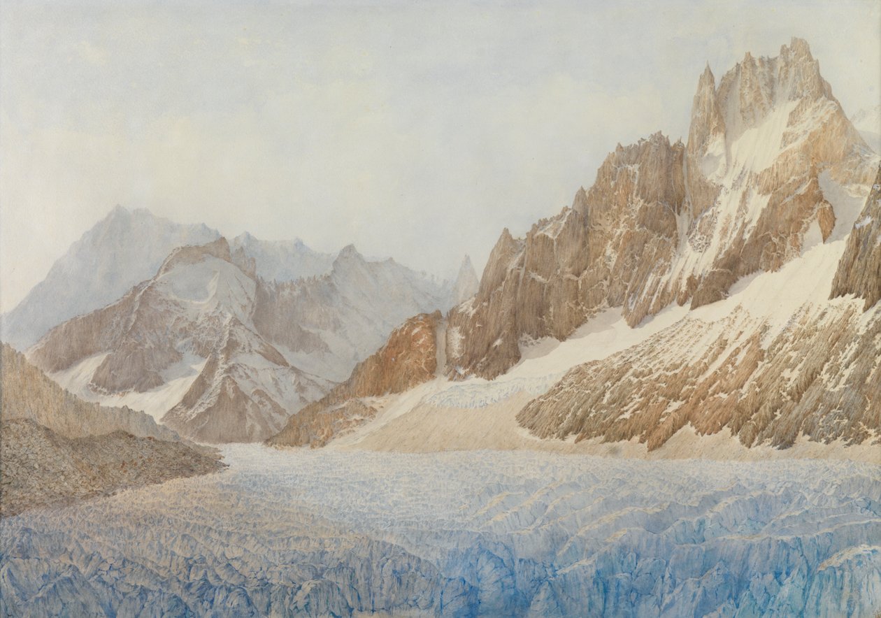 O Mer de Glace, Chamonix, 1881 (lápis e wc aumentados com branco) de Sarah Inger Louise Severn