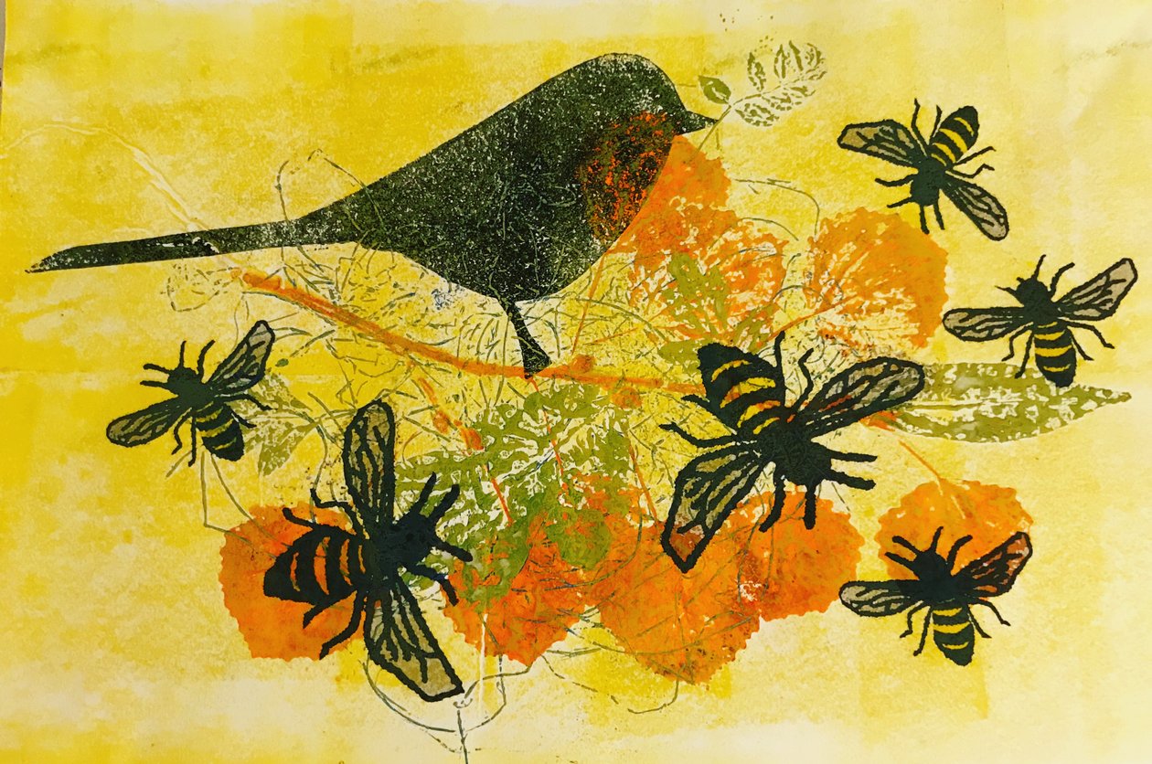 Pássaros e abelhas (monoprint no papel) de Sarah Thompson Engels