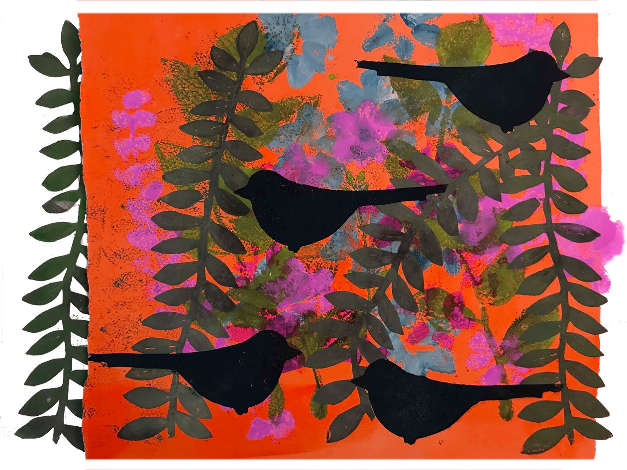 Quatro melros (monoprint no papel) de Sarah Thompson Engels