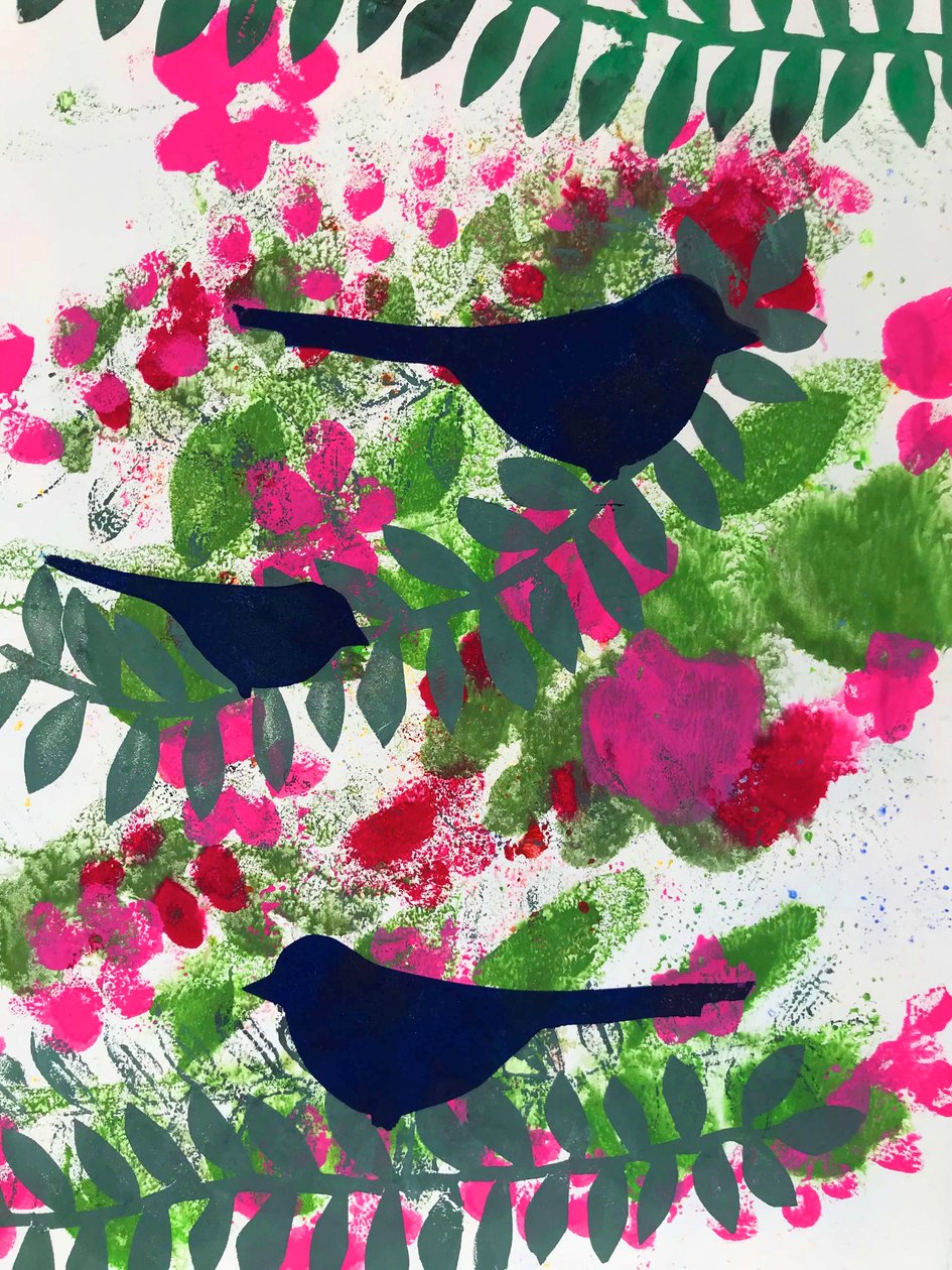 Três melros (monoprint no papel) de Sarah Thompson Engels