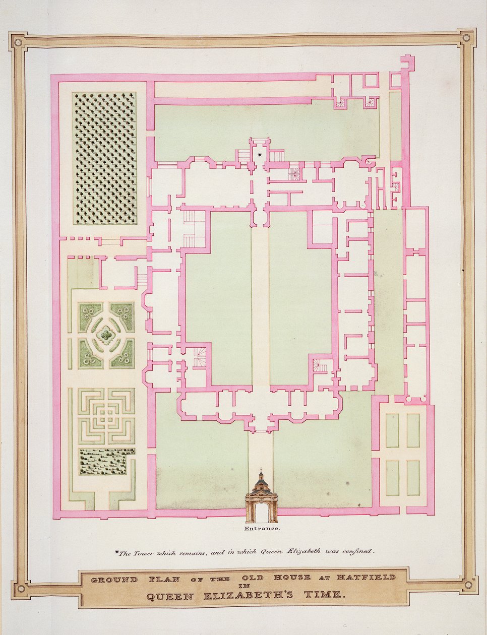 Planta da Casa Antiga em Hatfield, na época da Rainha Elizabeth, de &39;Memórias da Corte da Rainha Elizabeth&39;, publicada em 1825 (wc e guache sobre papel) de Sarah Countess of Essex
